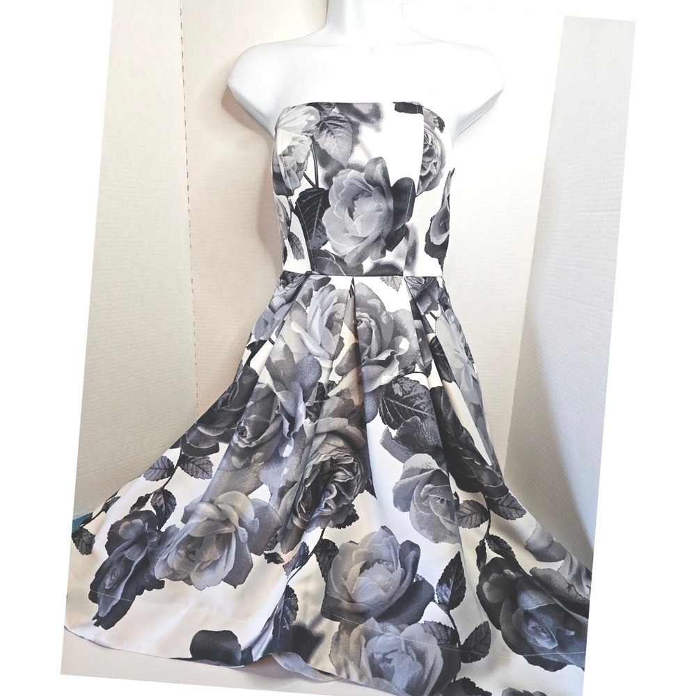NWT Speechless Glossy Black/ Grey Rose Print Strapless Hi-Lo Dress - 5 Prom/HoCo